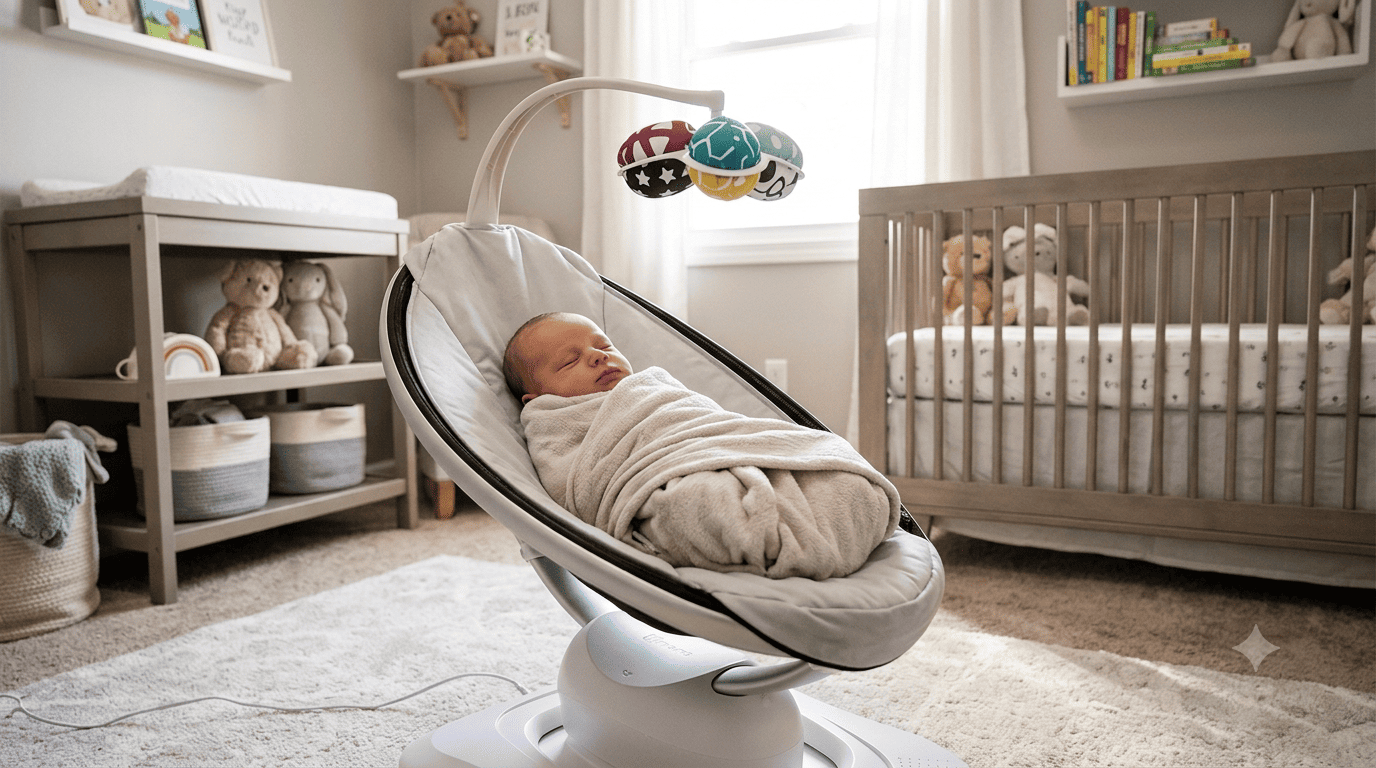 4moms MamaRoo baby swing set up in a nursery with newborn resting inside