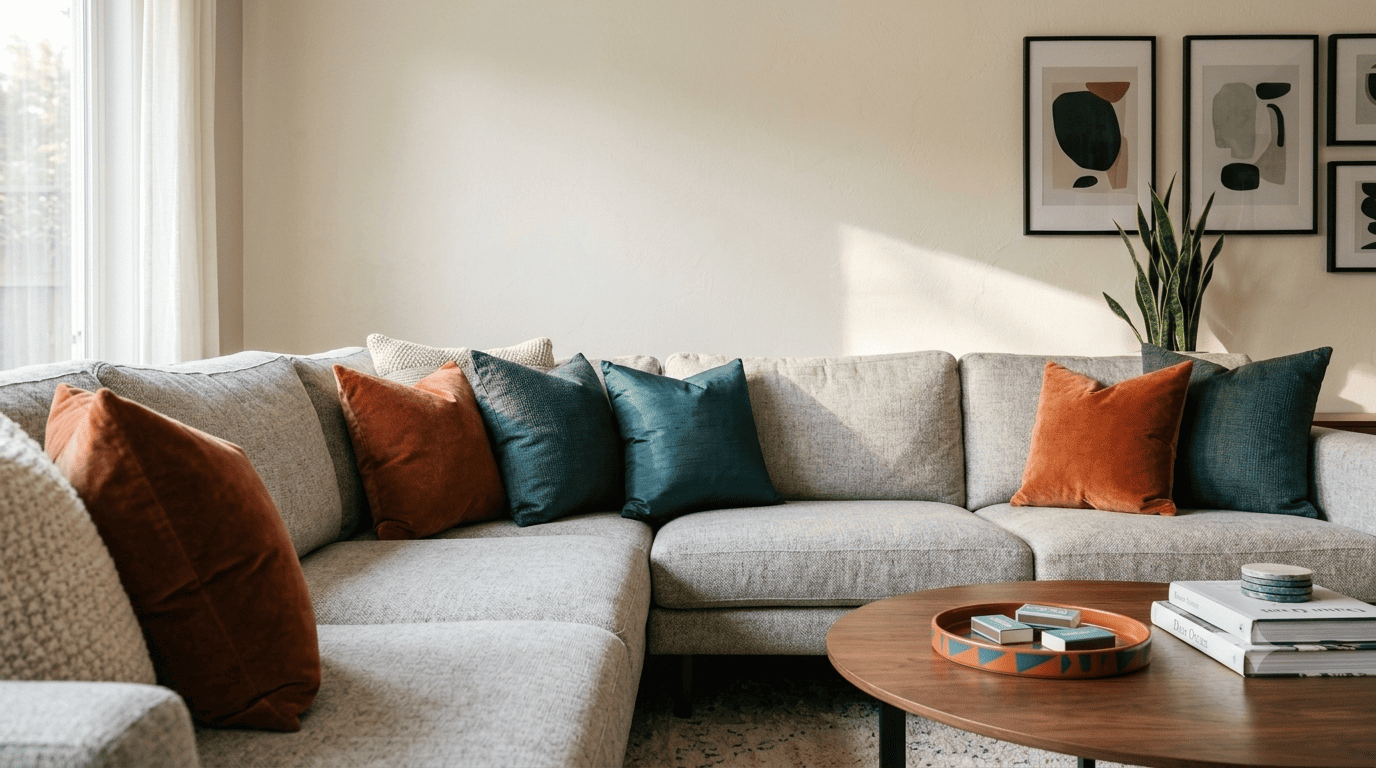 60-30-10 color balance rule applied to a neutral living room palette