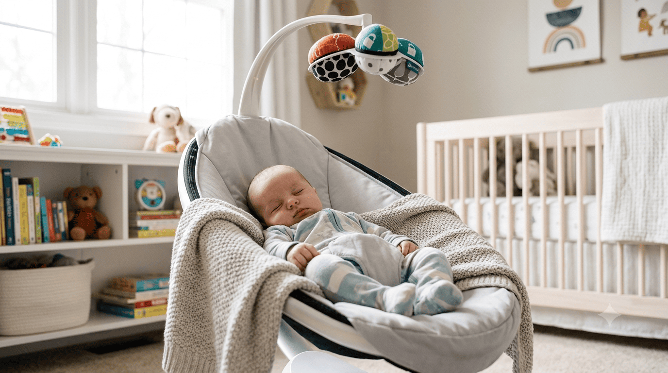 Baby calmly resting in 4moms MamaRoo swing during daytime nap