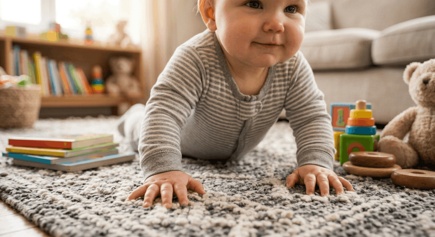 Baby reaching for a toy during tummy time, building arm and shoulder strength