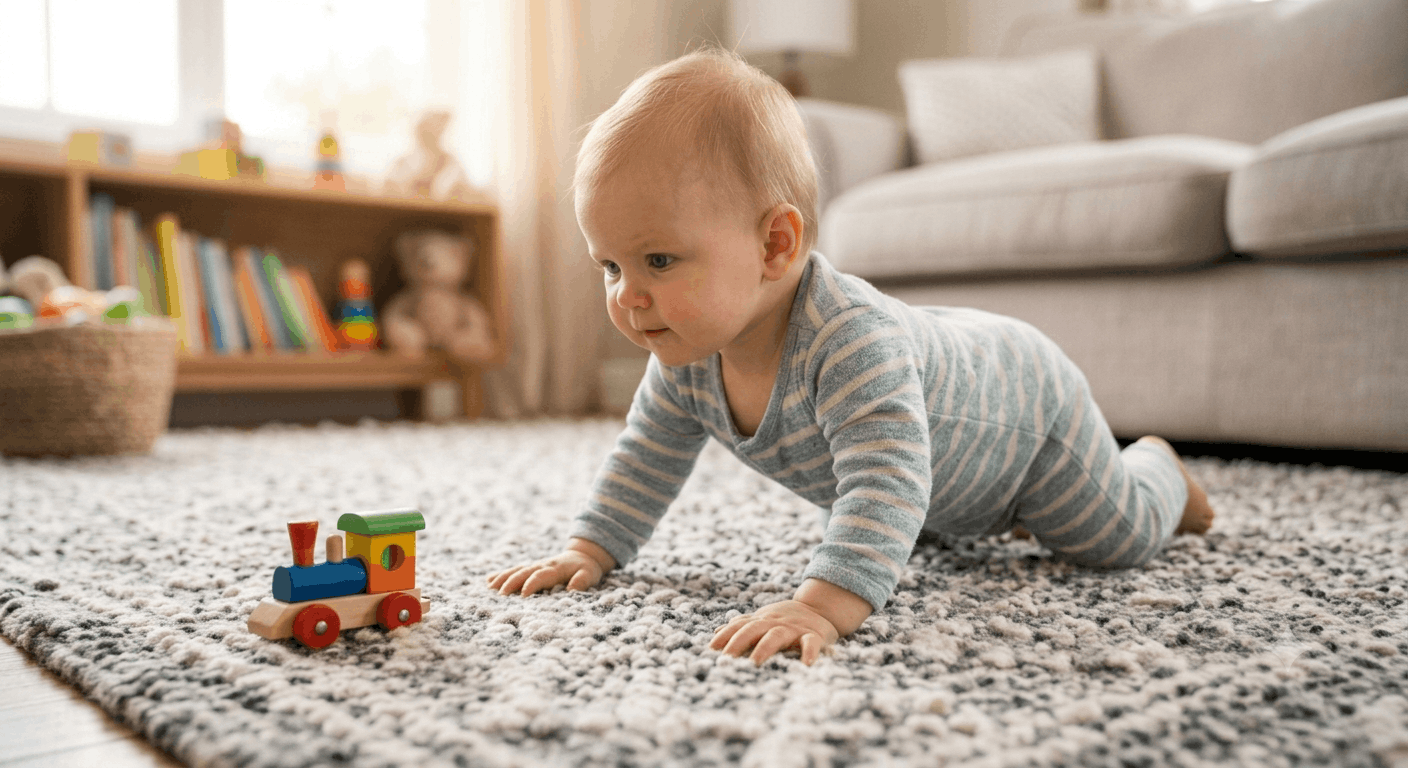 Baby rocking on hands and knees, a common sign of crawling readiness