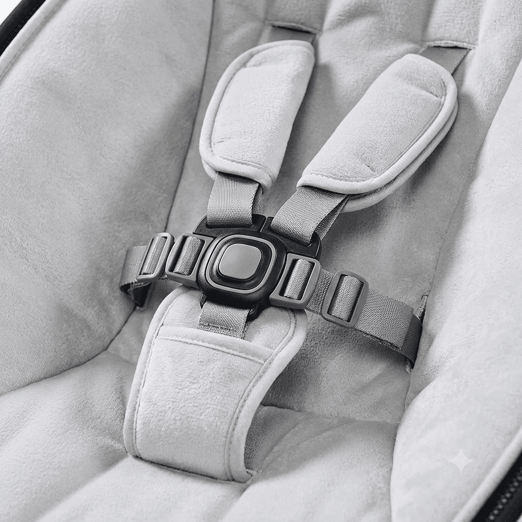 Close-up of 4moms MamaRoo five-point safety harness and restraint strap