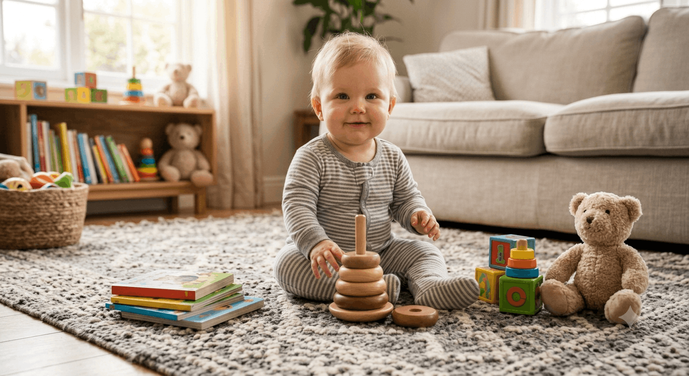 Happy baby sitting independently and playing with toys before learning to crawl