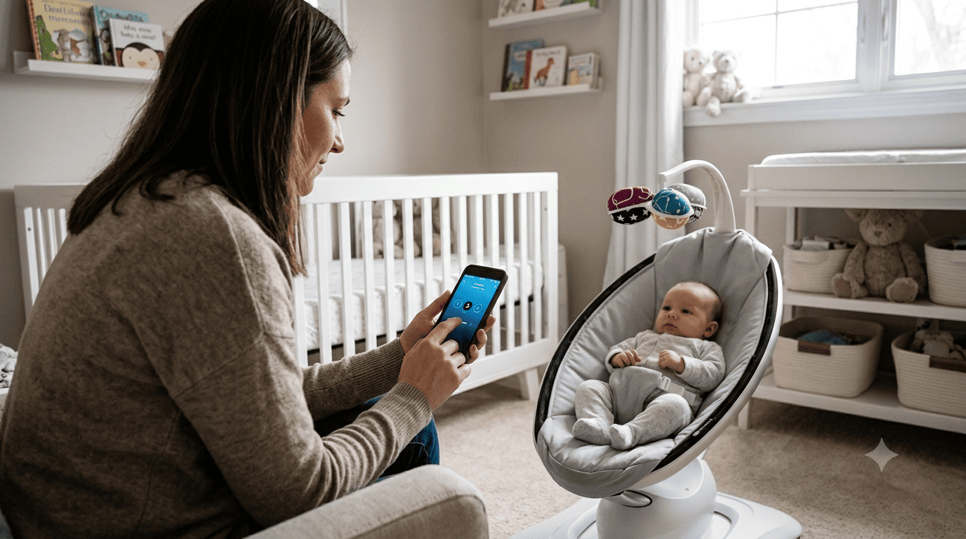 Parent adjusting 4moms MamaRoo swing settings using Bluetooth app on phone