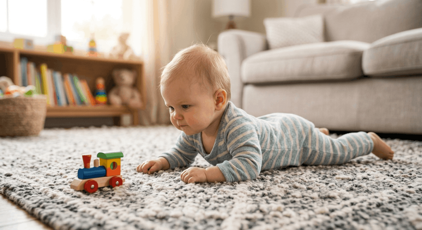 Baby doing a commando-style belly crawl, one of several normal crawling variations