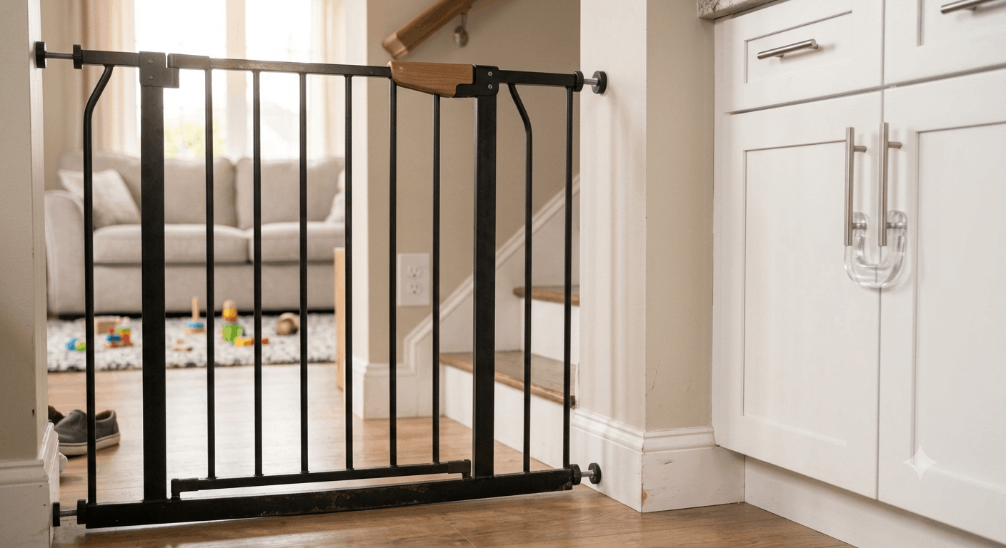 Childproofed home with outlet covers and cabinet locks for a newly crawling baby