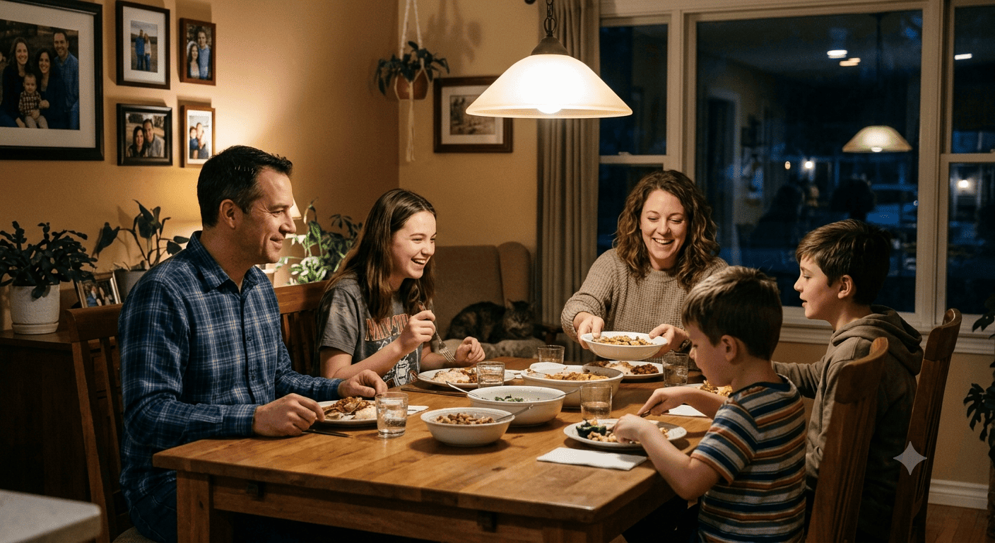Family sitting together at the dinner table for a nightly routine