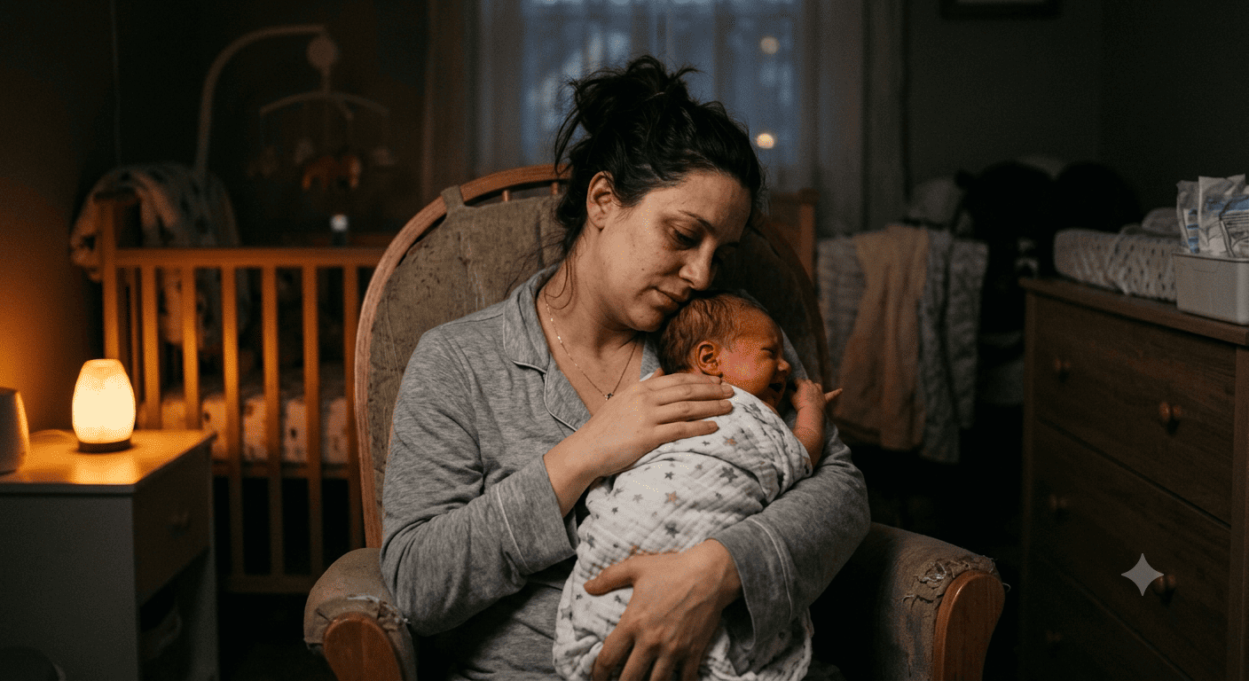 Tired mother comforting a newborn baby at night