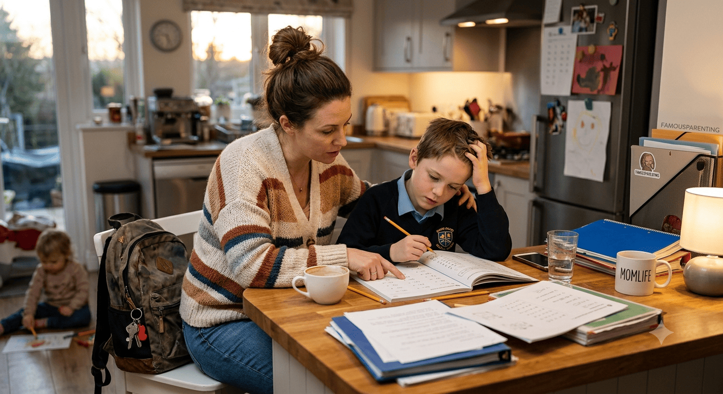 Mother helping school-age child with homework at home