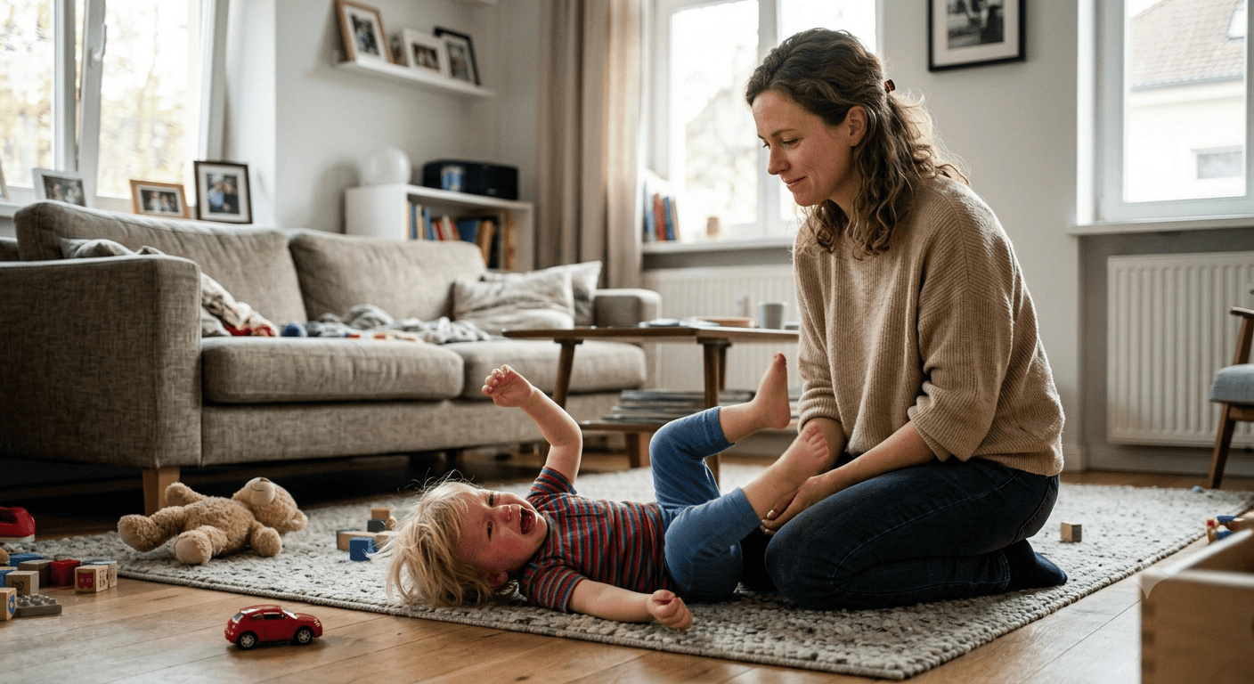 Toddler having a tantrum while mother stays calm
