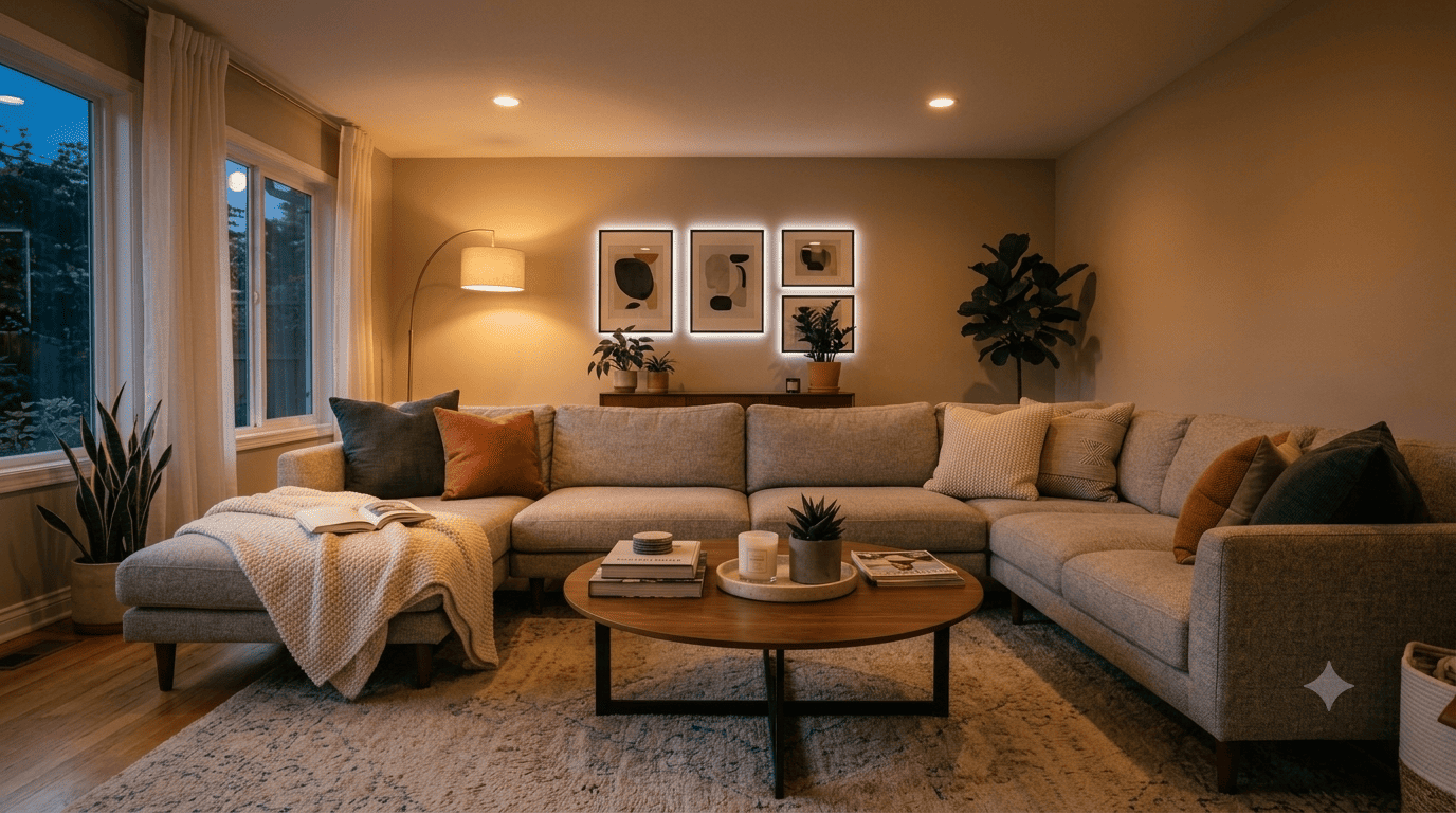 Layered ambient, task, and accent lighting in a cozy living room