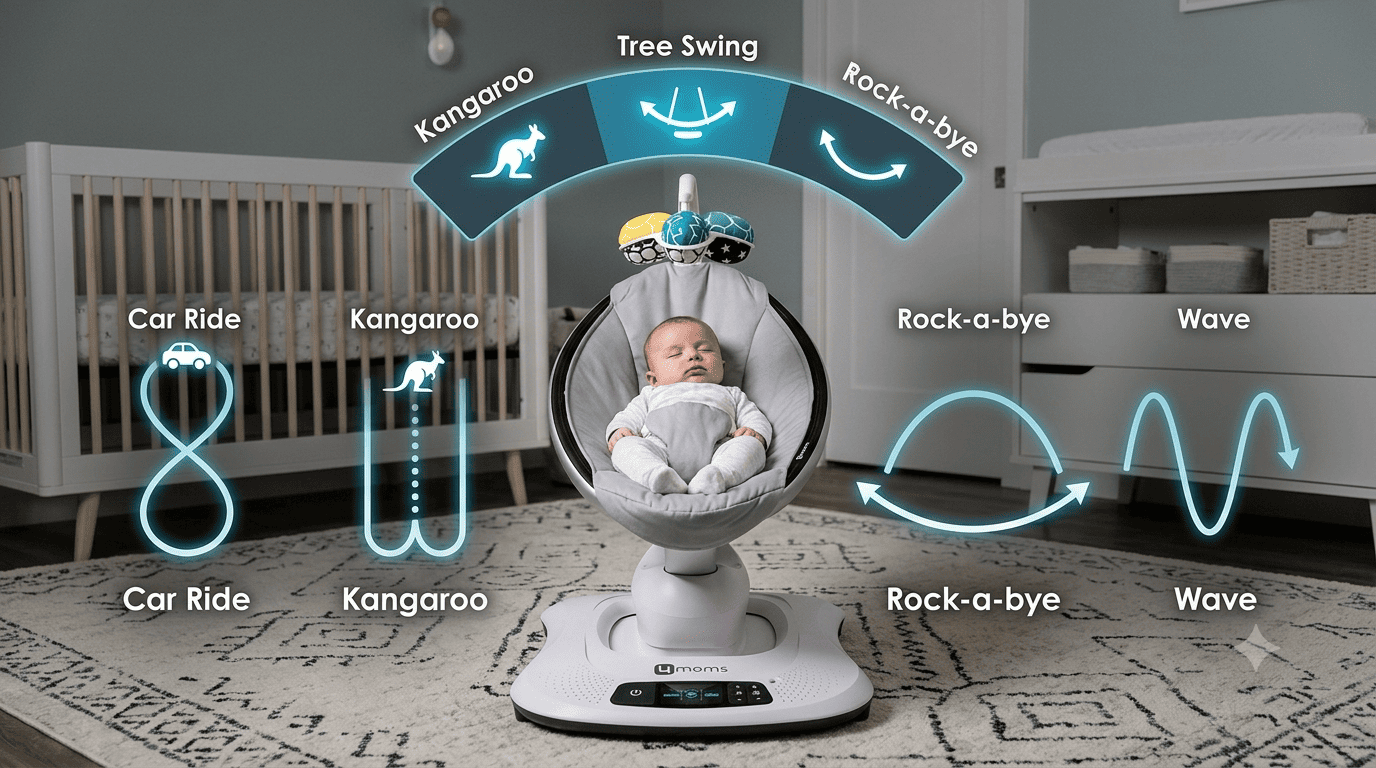 4moms MamaRoo swing showing five motion settings including car ride and kangaroo
