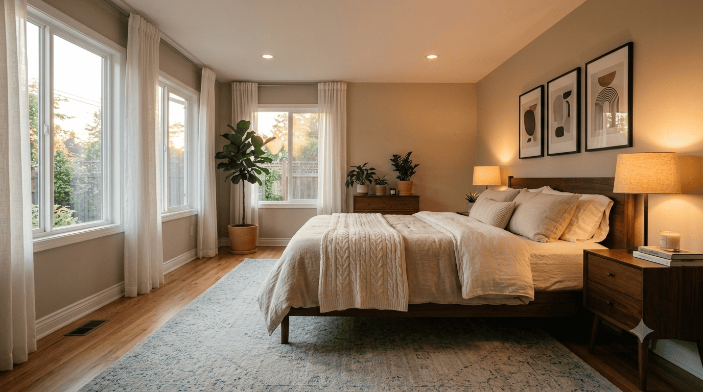 Master bedroom styled with warm 2700K lighting and breathable linen bedding