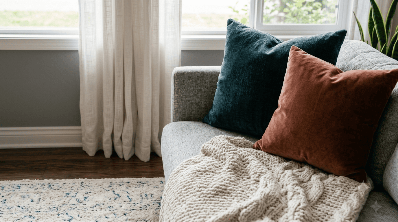 Mixed textures with wool rug, linen curtains, and velvet cushions