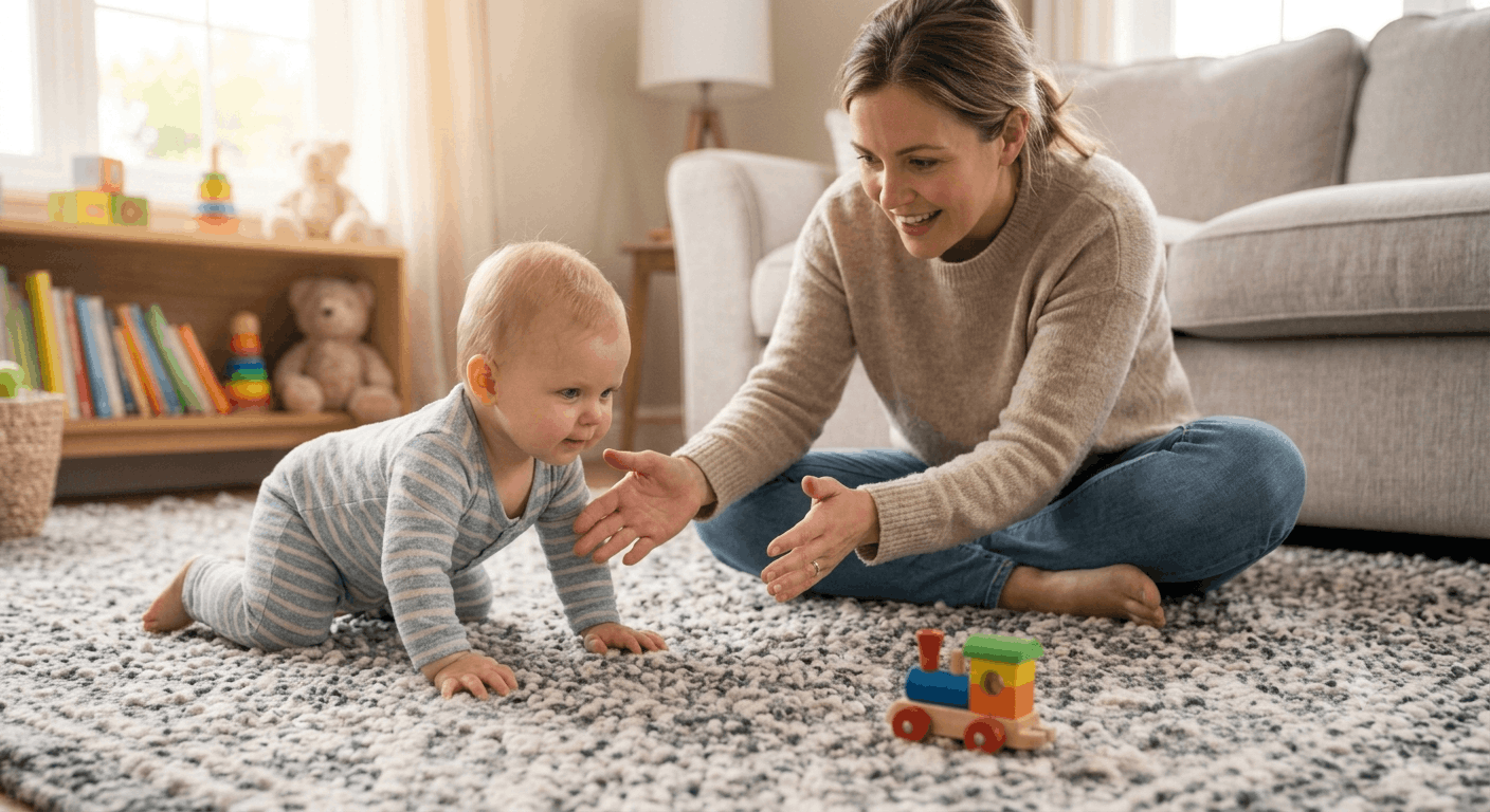 Parent encouraging baby to crawl by placing a toy just out of reach