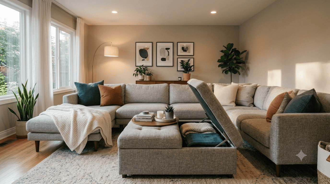 Storage ottoman used as multi-functional furniture in a family living room