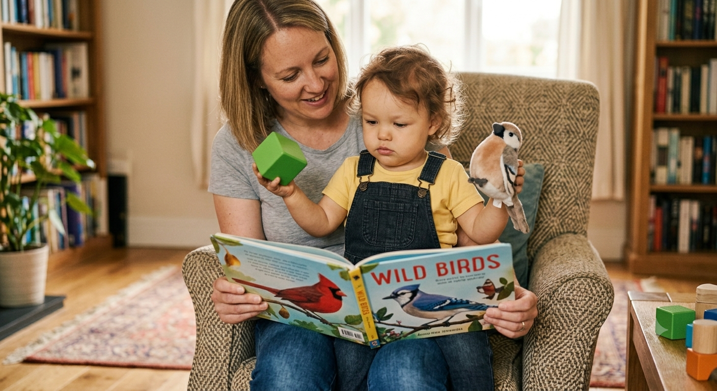parent reading toddler lap, toddler choosing between two options