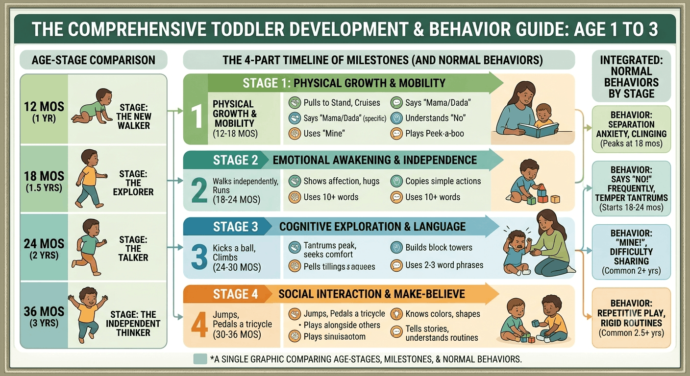 Infographic explaining toddler age range, stages from 12 to 36 months, and common toddler behaviors