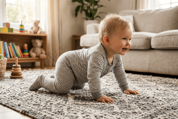 Baby crawling on hands and knees across a living room floor