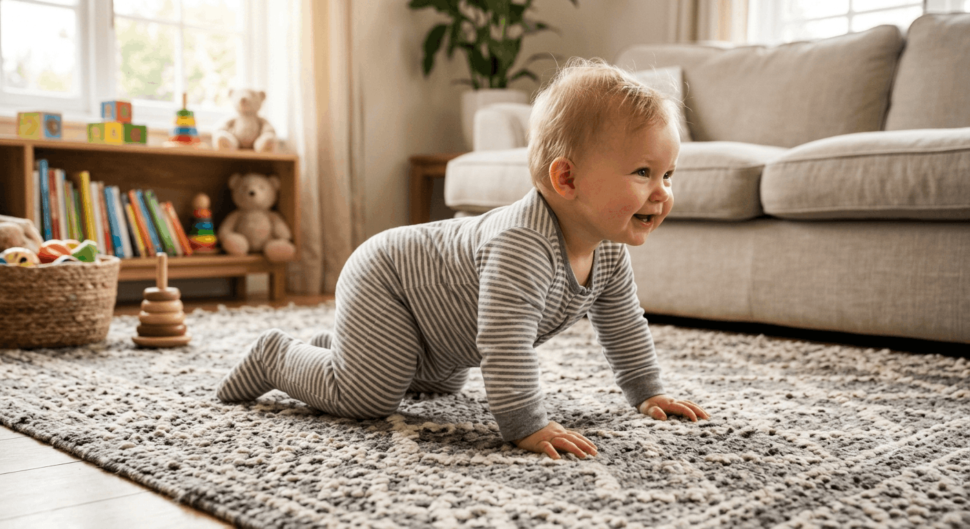 Baby crawling on hands and knees across a living room floor